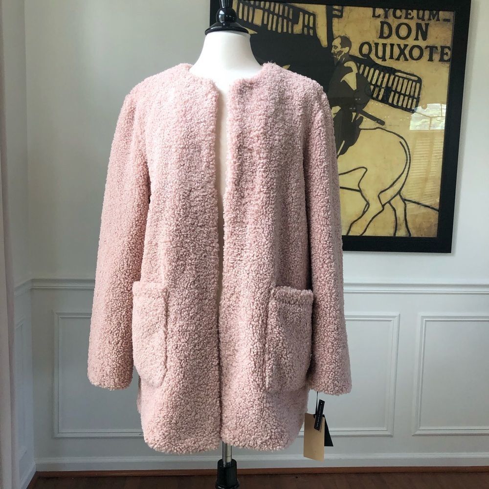 Halogen Jewel Neck Teddy Coat Pink NWT L XL